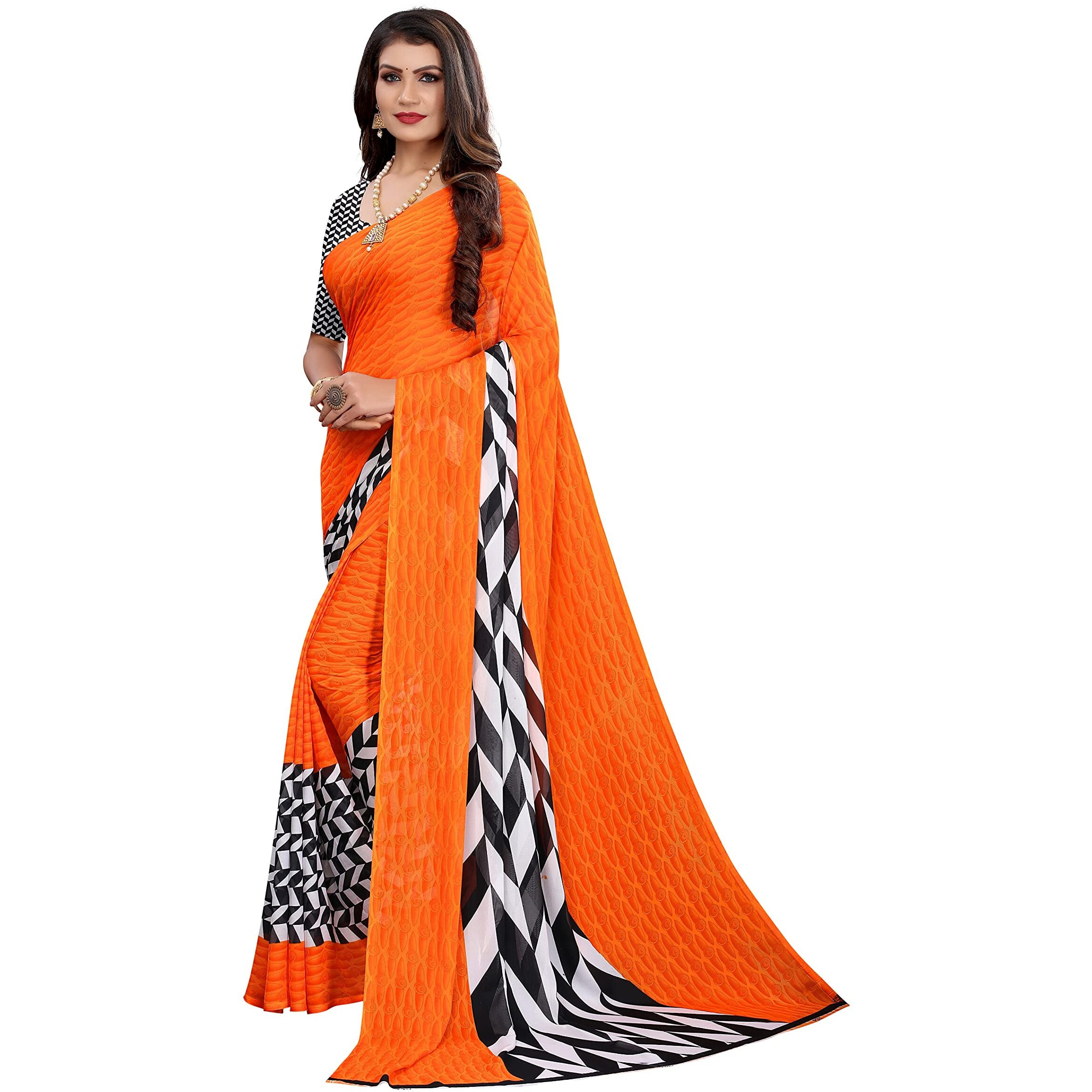 Yashika Women's Pure Georgette Saree With Blouse Piece (Piku Orange_Orange)