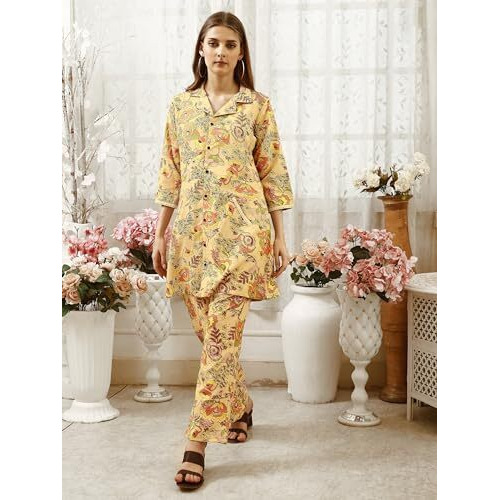 SHIENZY Women's Cotton Blend Floral Straight Kurta and Pant Set (SZ-1484_Yellow_M)