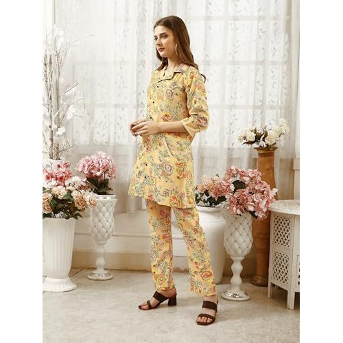 SHIENZY Women's Cotton Blend Floral Straight Kurta and Pant Set (SZ-1484_Yellow_L)