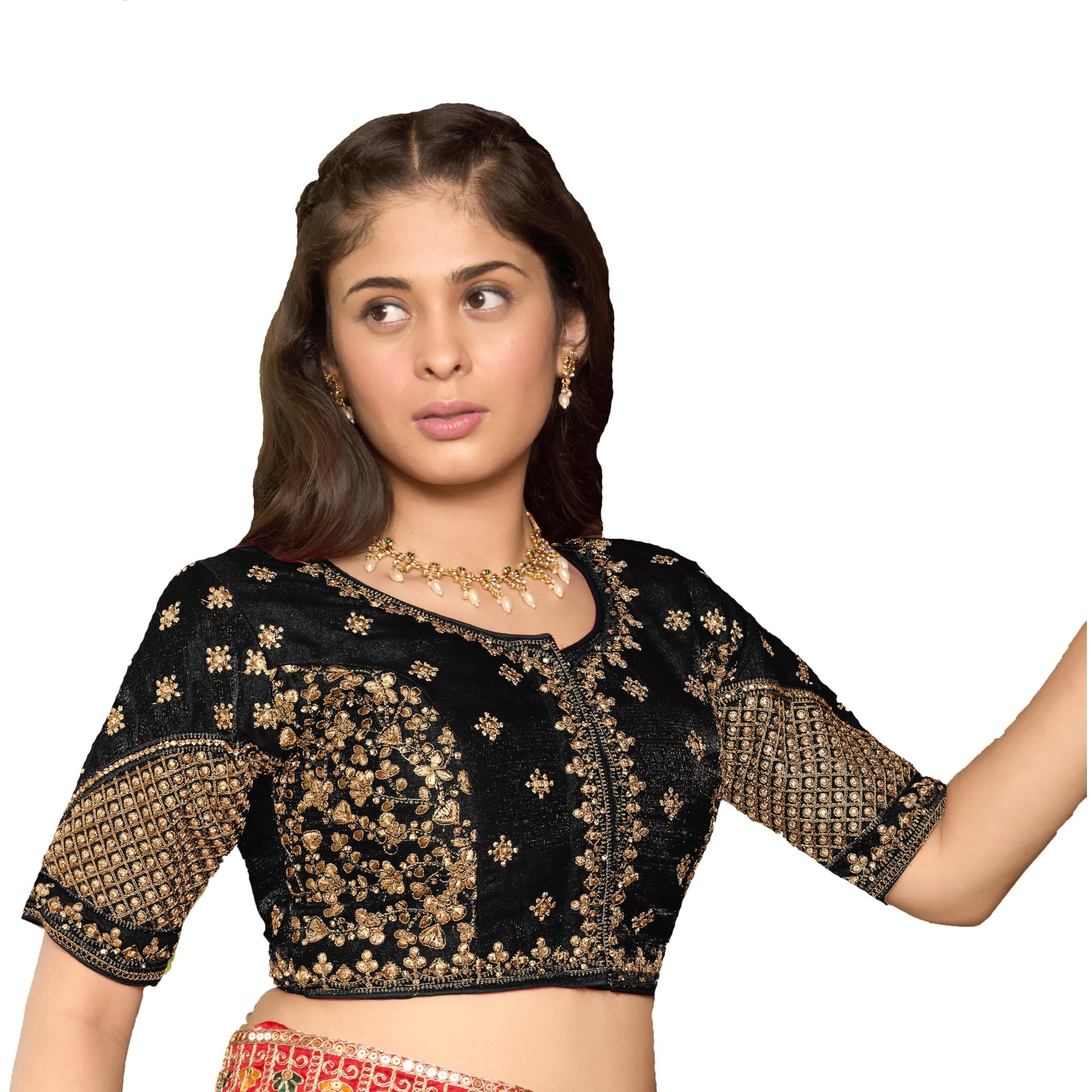 Pujia Mills Women's Readymade Blouse Multi Golden codding Sequence Embroidery Work Indian Ethnic Designer Stitched Readymade Saree Half Sleeve Black Blouse for Women for Saree Lehenga Choli