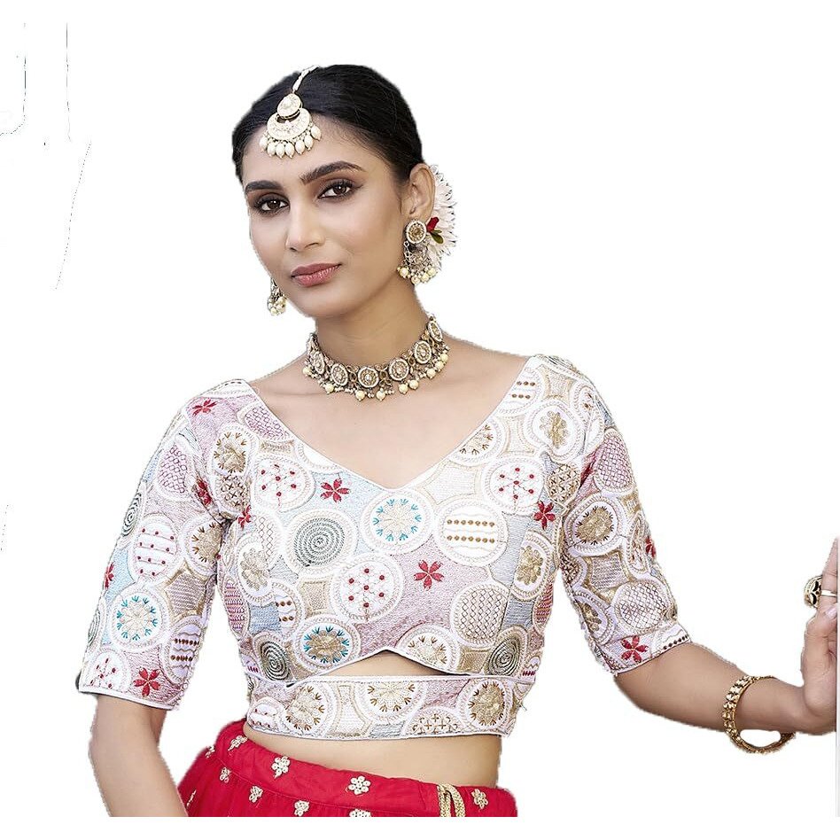 Pujia Mills Women's Blouse Readymade Blouse Embroidery Multi Coding Gold Thread Blouses Handwork White Color Readymade Saree Blouse for Women for Saree and Lehenga Choli (A2420 White 36)