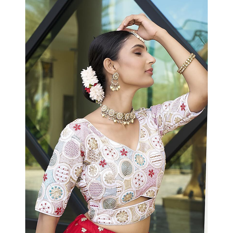 Pujia Mills Women's Blouse Readymade Blouse Embroidery Multi Coding Gold Thread Blouses Handwork White Color Readymade Saree Blouse for Women for Saree and Lehenga Choli (A2420 White 36)