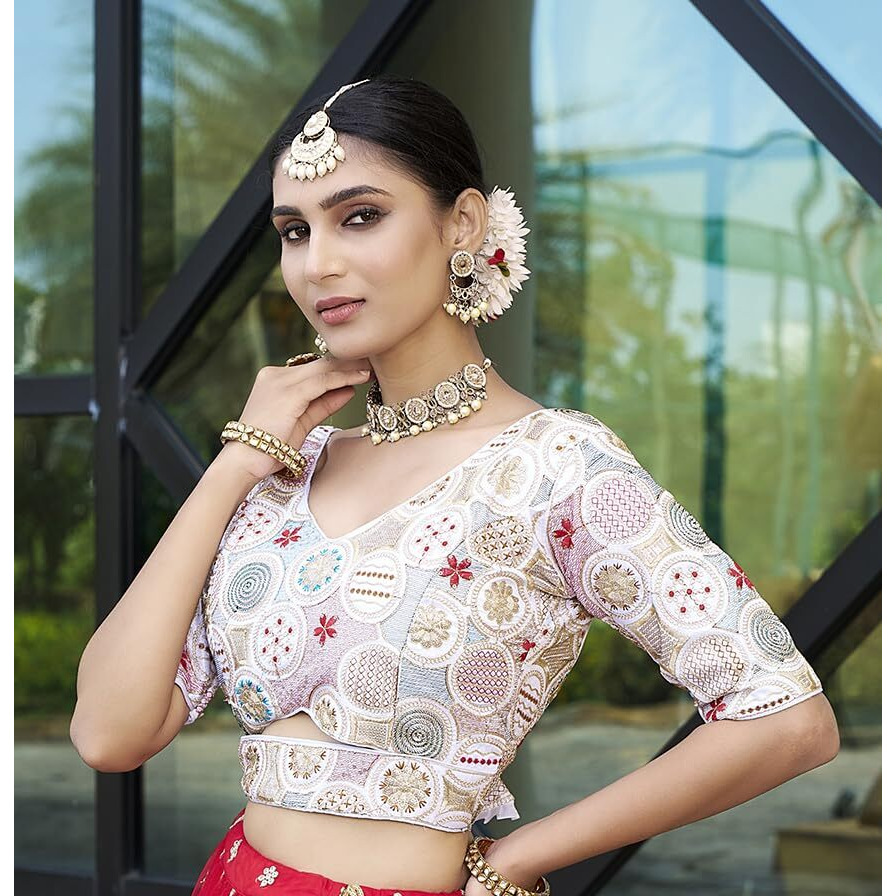 Pujia Mills Women's Blouse Readymade Blouse Embroidery Multi Coding Gold Thread Blouses Handwork White Color Readymade Saree Blouse for Women for Saree and Lehenga Choli (A2420 White 36)