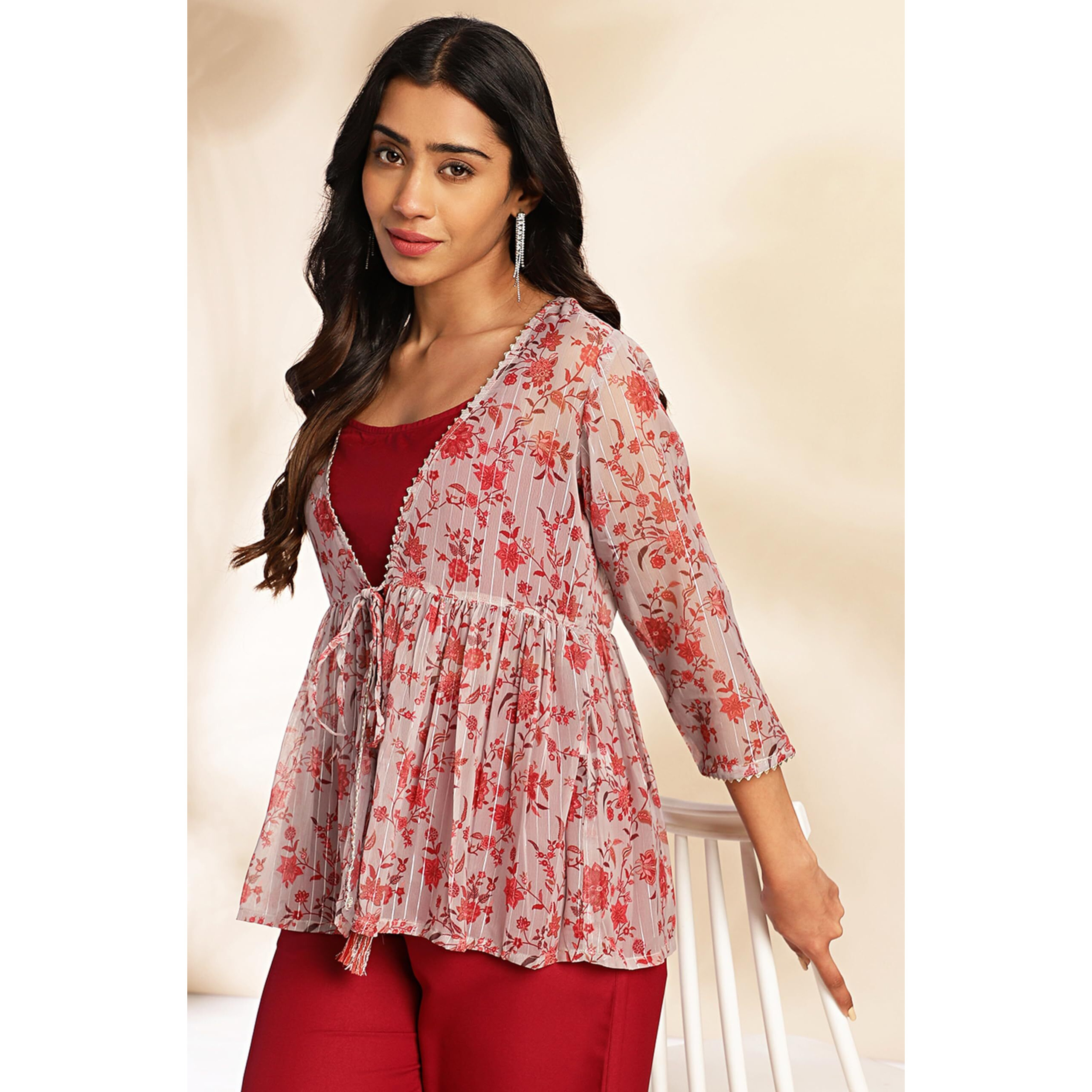 Janasya Women's Wine Moss Solid 3 Piece Jacket Set(SET822-TJ-STP-XXL)
