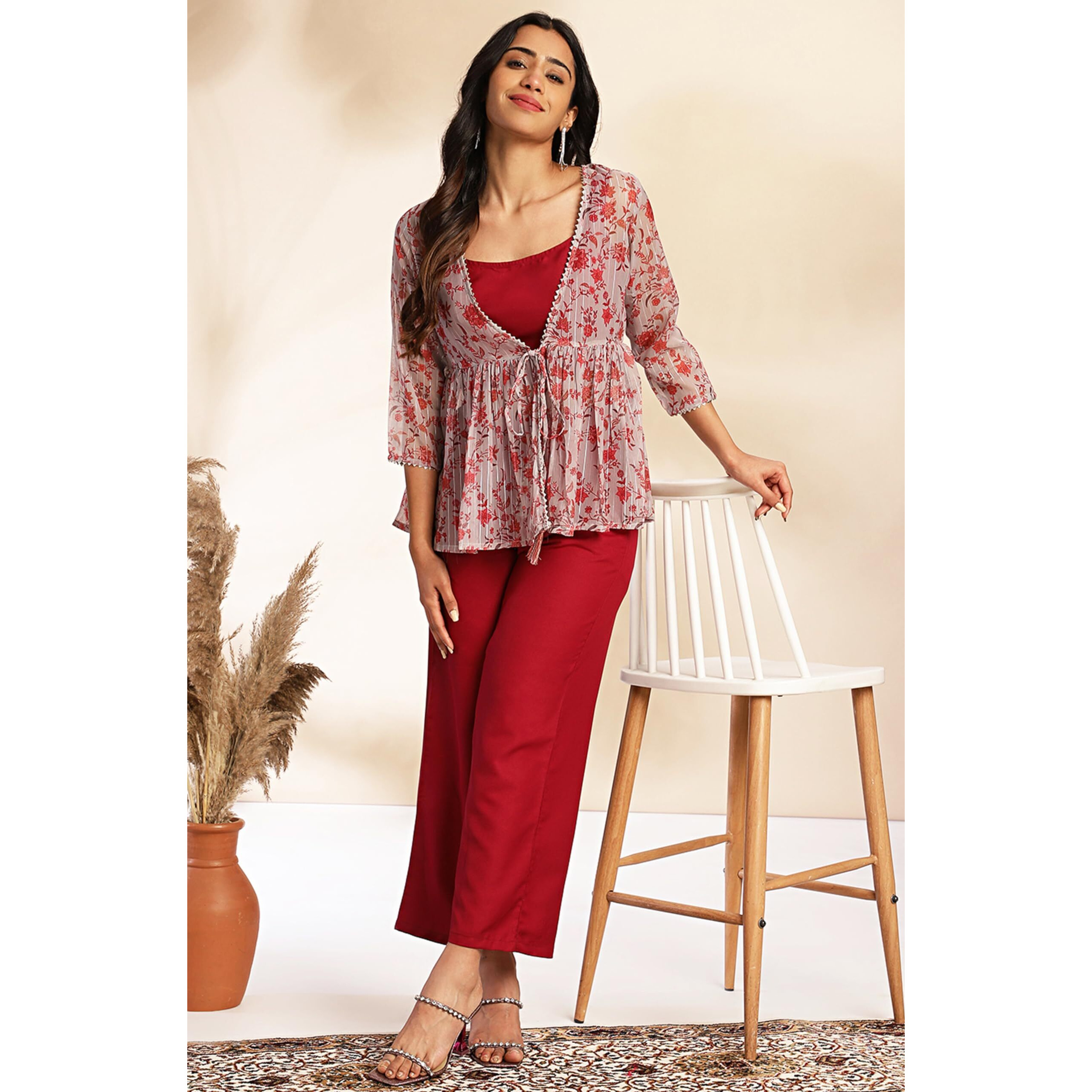Janasya Women's Wine Moss Solid 3 Piece Jacket Set(SET822-TJ-STP-XXL)