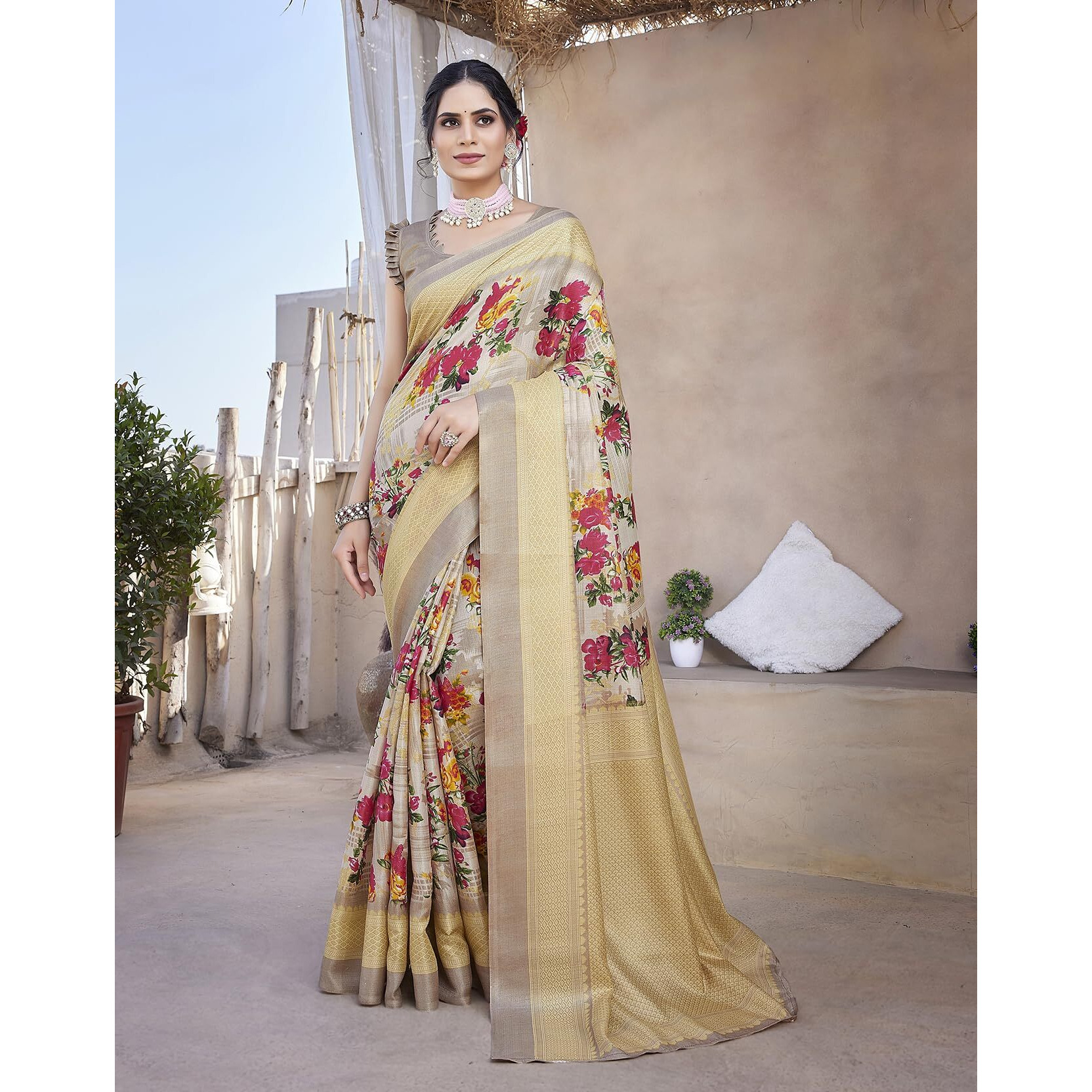 Yashika Women's Art Silk Saree Printed Saree With Unstitched Blouse Material - Suitable For All Indian Occasions and Festivals (AZ-YS-OG-AIR MUSTARD)