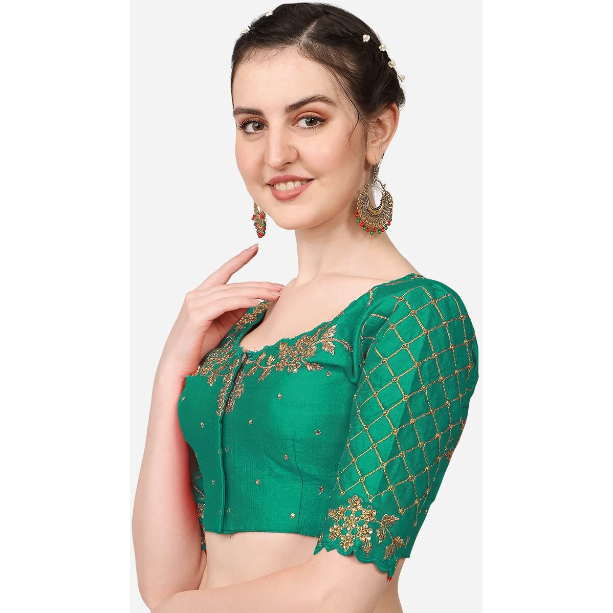 Vihu Fashion Women's Silk Floral Half Sleeve Regular Radhe Blouse 38 Rama
