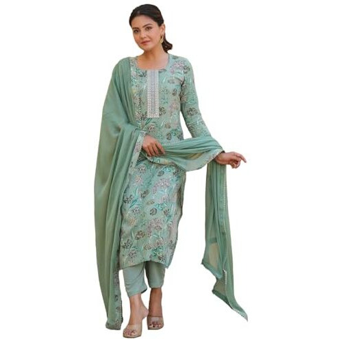 ANNI DESIGNER Women's Rayon Blend Printed Straight Kurta with Pant & Dupatta (VICE Green_XXL_Green_XX-Large)