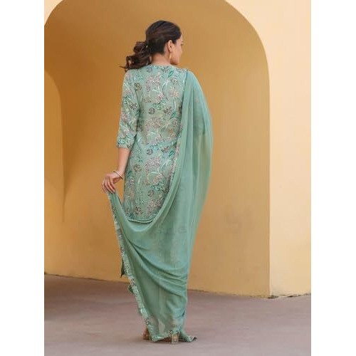 ANNI DESIGNER Women's Rayon Blend Printed Straight Kurta with Pant & Dupatta (VICE Green_XXL_Green_XX-Large)
