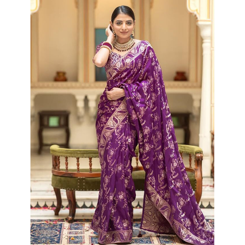Satrani Women's Art Silk Jacquard Saree with Unstitched Blouse Piece (3584S355N_Purple)