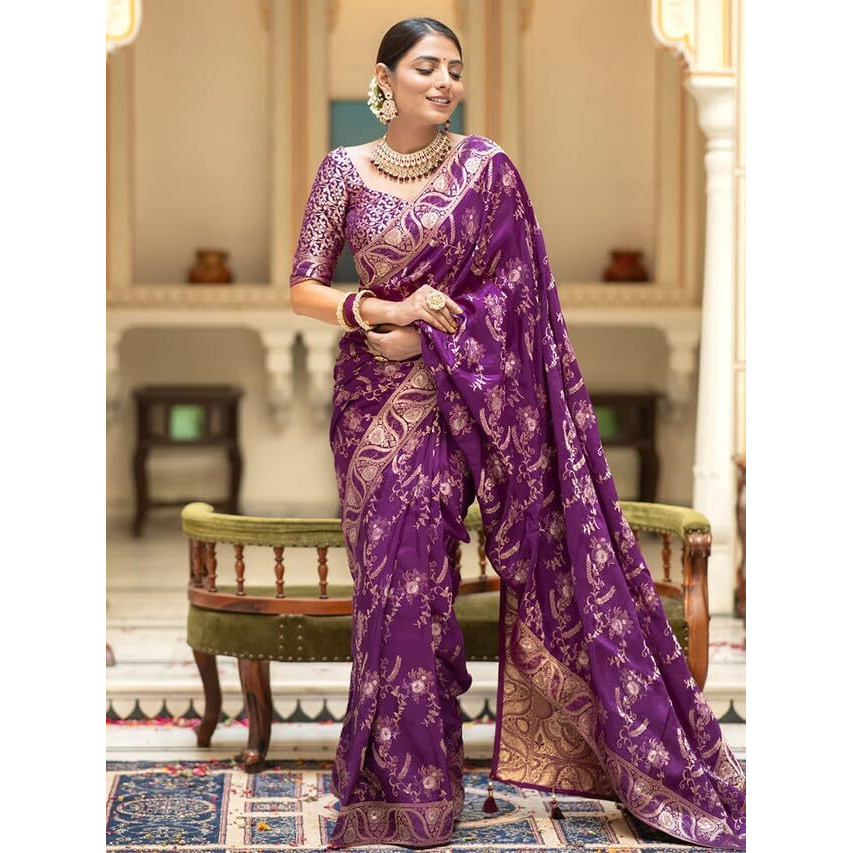 Satrani Women's Art Silk Jacquard Saree with Unstitched Blouse Piece (3584S355N_Purple)