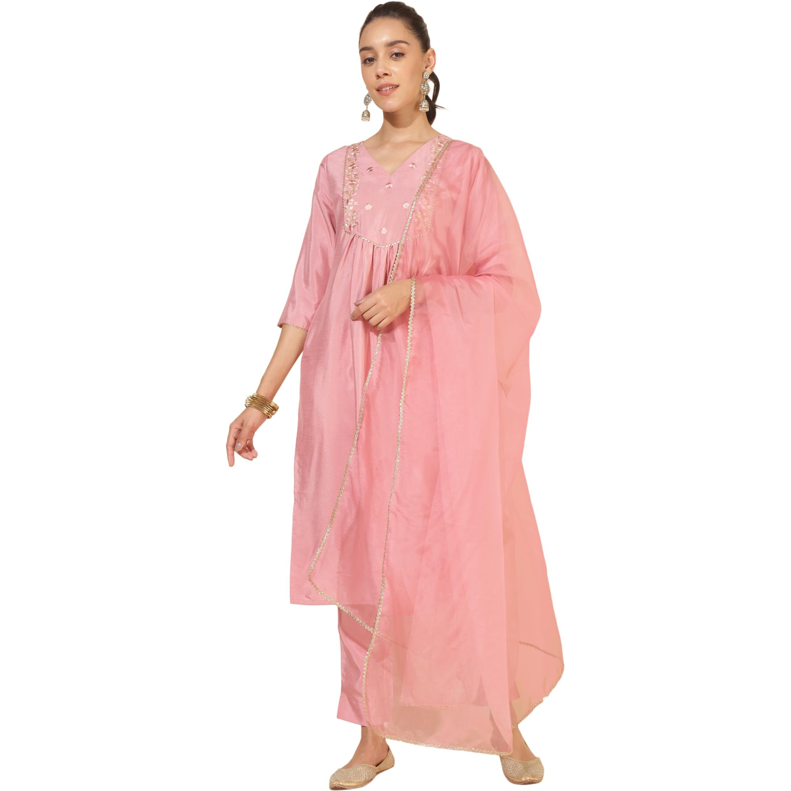 Janasya Women's Pink Crepe Silk Yoke Embroidery Kurta with Pant and Dupatta(SET874-KR-NP-M)