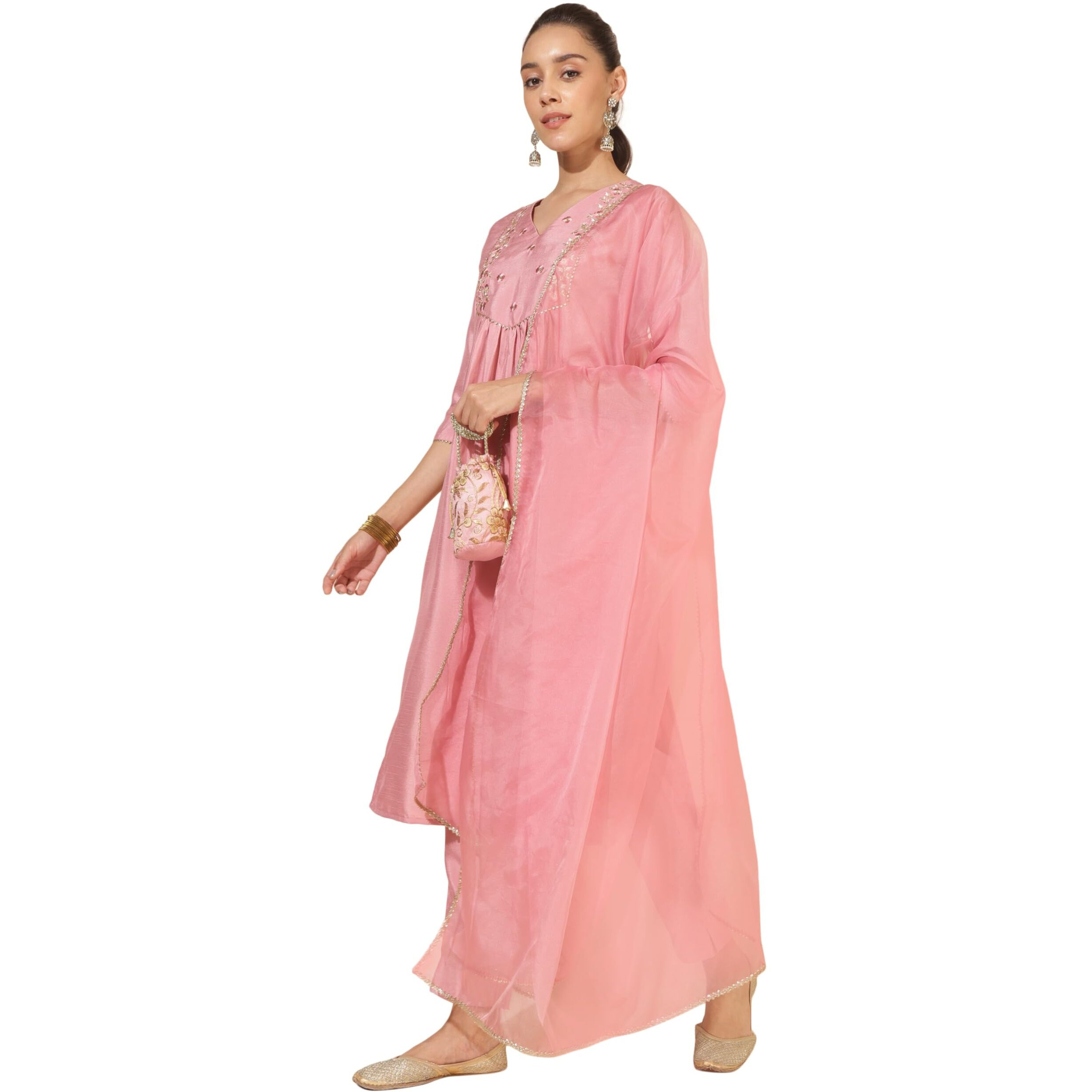 Janasya Women's Pink Crepe Silk Yoke Embroidery Kurta with Pant and Dupatta(SET874-KR-NP-M)