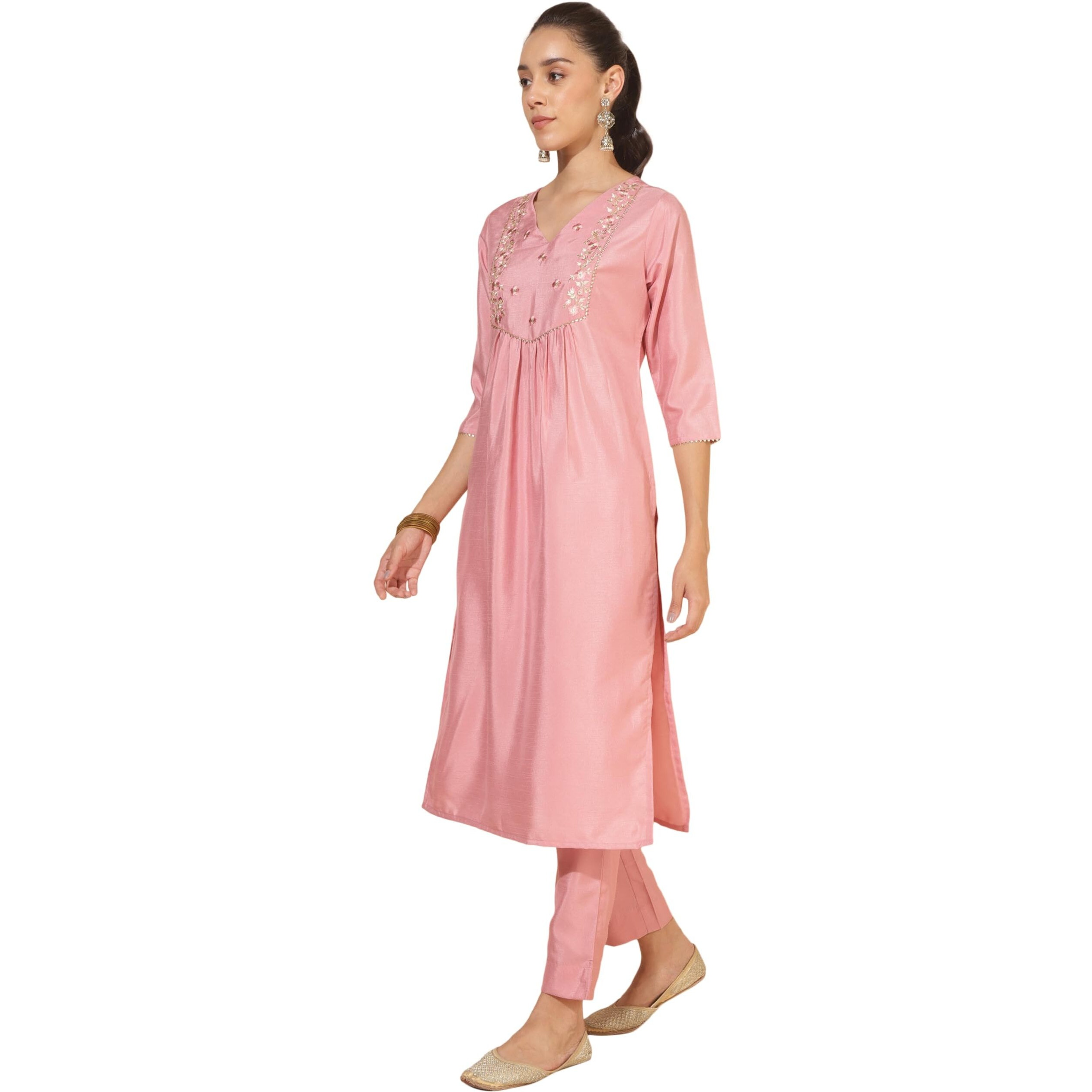 Janasya Women's Pink Crepe Silk Yoke Embroidery Kurta with Pant and Dupatta(SET874-KR-NP-M)