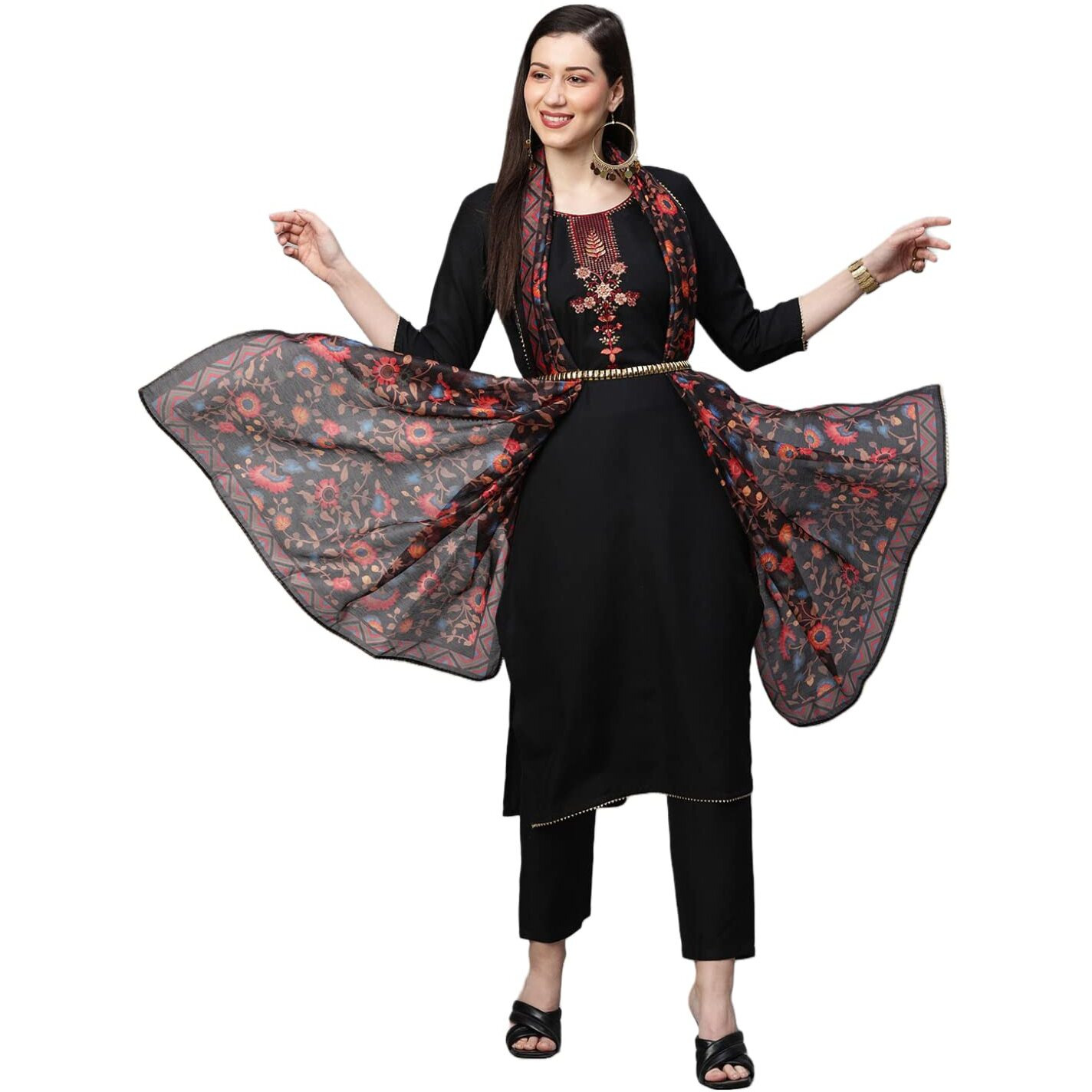 GoSriKi Women's Cotton Blend Solid Straight Kurta with Pant & Dupatta (Authentic-Black_S-GS_Black_S-GSmall)