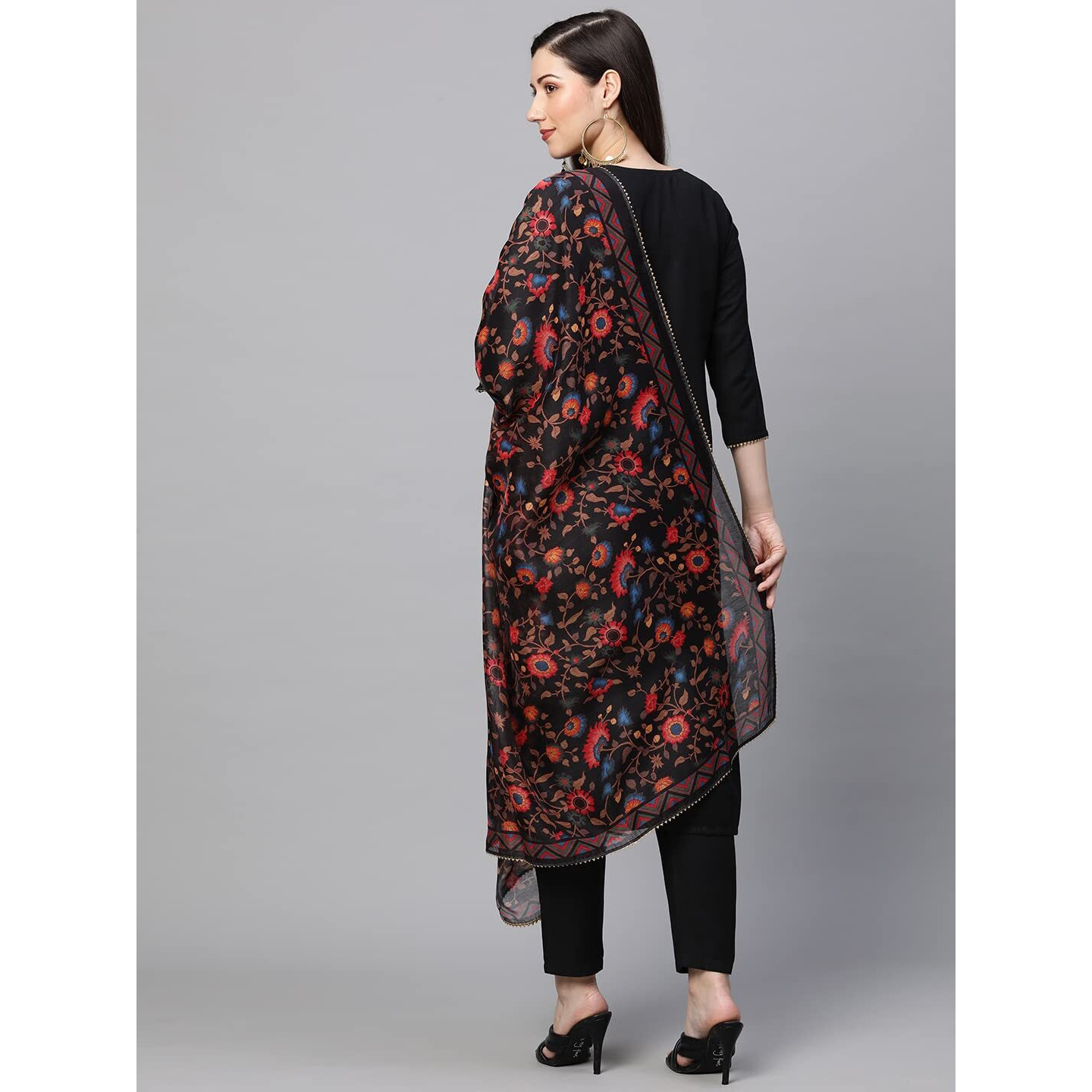 GoSriKi Women's Cotton Blend Solid Straight Kurta with Pant & Dupatta (Authentic-Black_S-GS_Black_S-GSmall)