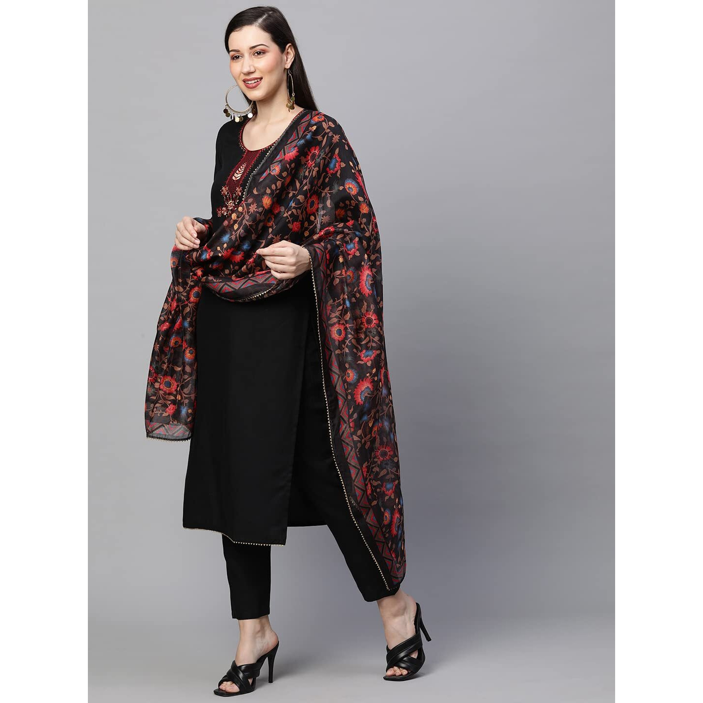 GoSriKi Women's Cotton Blend Solid Straight Kurta with Pant & Dupatta (Authentic-Black_S-GS_Black_S-GSmall)