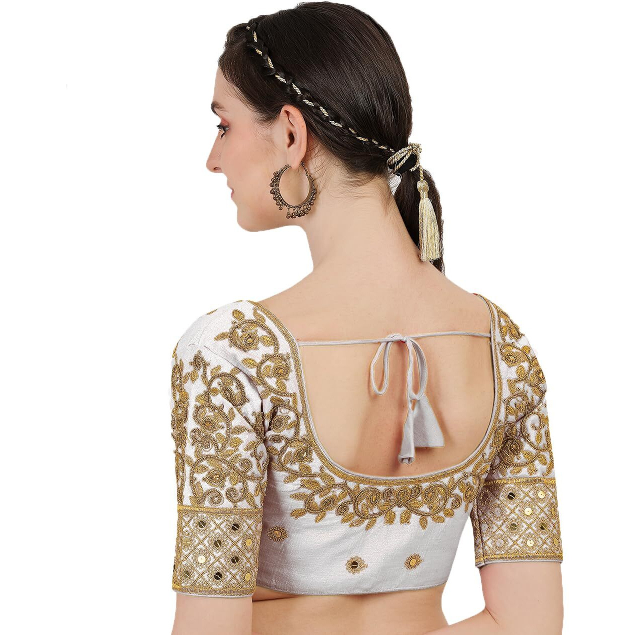Pujia Mills Blouse Readymade Stylish Design Half Sleeve Blouse Readymade maggam Work Blouse Saree Blouse Readymade Parrot Blouse maggam Work Designs pattu aari Work Blouse (White Color, 38)