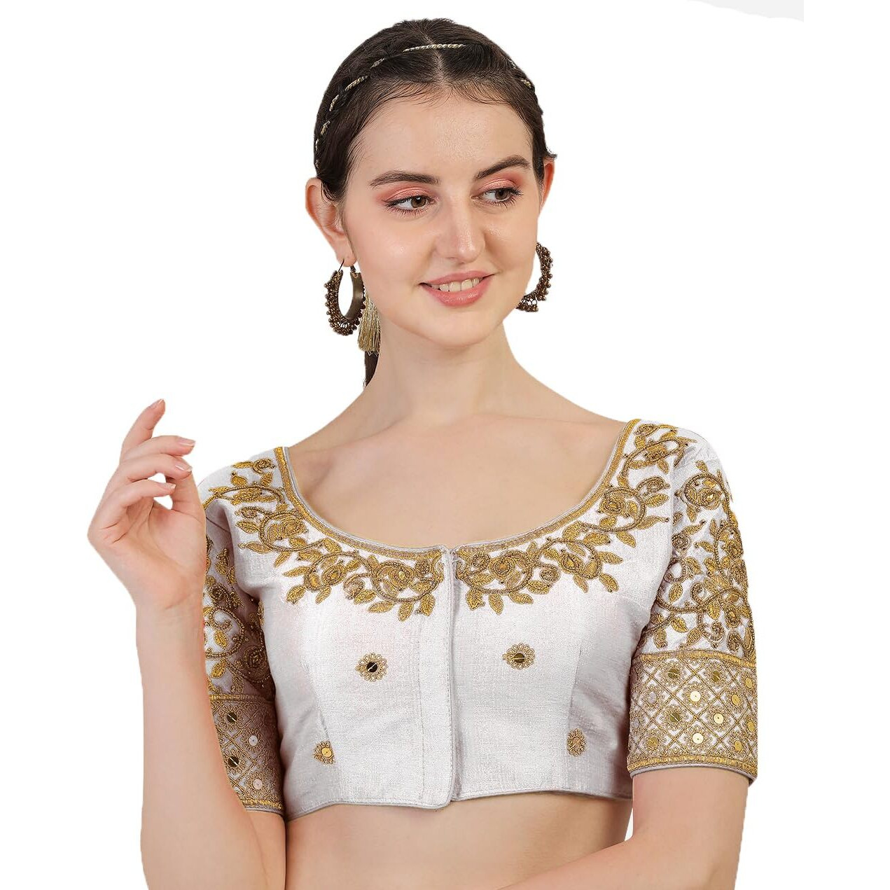Pujia Mills Blouse Readymade Stylish Design Half Sleeve Blouse Readymade maggam Work Blouse Saree Blouse Readymade Parrot Blouse maggam Work Designs pattu aari Work Blouse (White Color, 38)