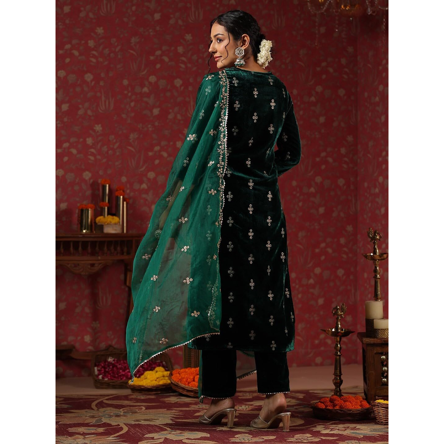ishin Women's Velvet Ethnic Motifs Zari Green Straight Kurta Suit Set with Trousers and Dupatta