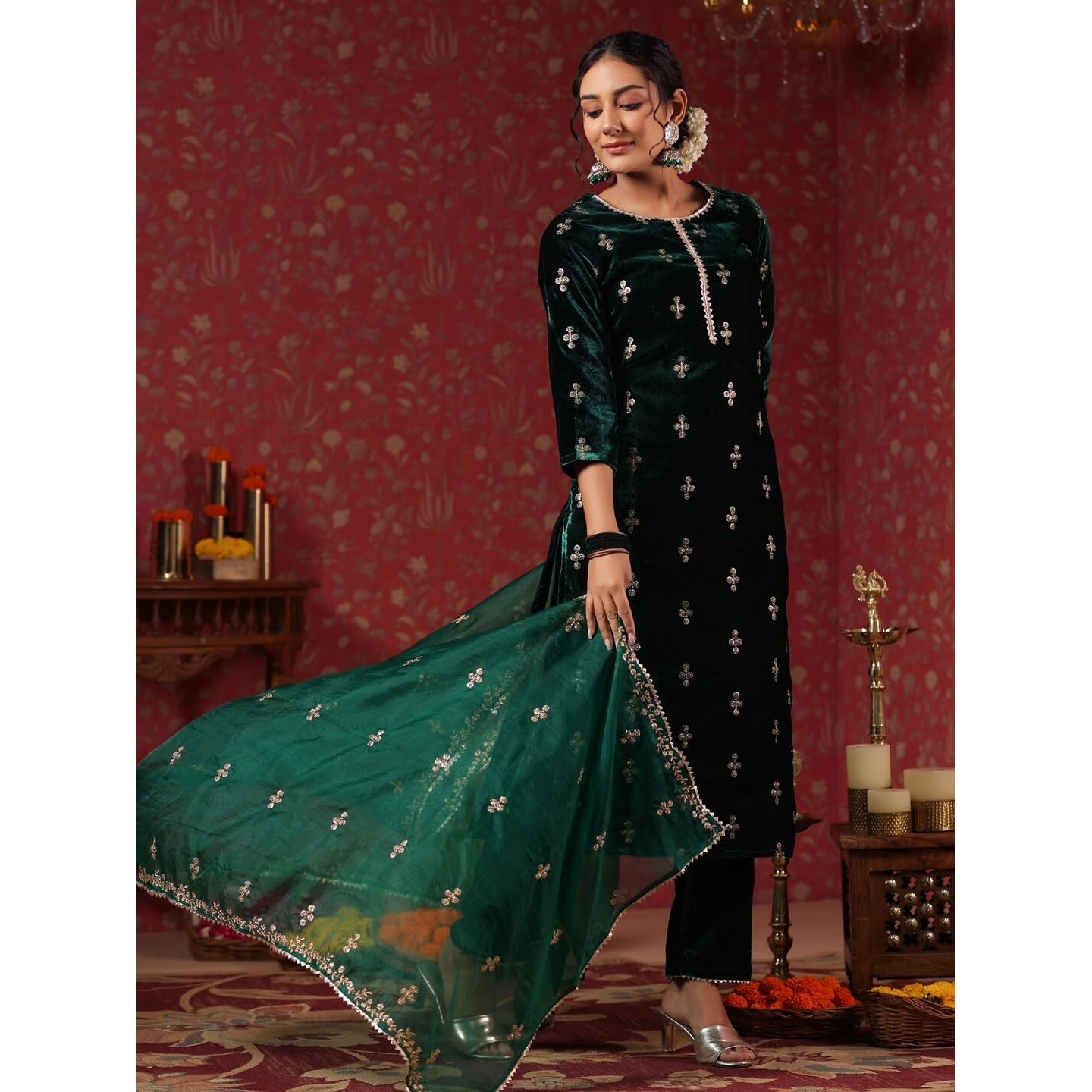 ishin Women's Velvet Ethnic Motifs Zari Green Straight Kurta Suit Set with Trousers and Dupatta