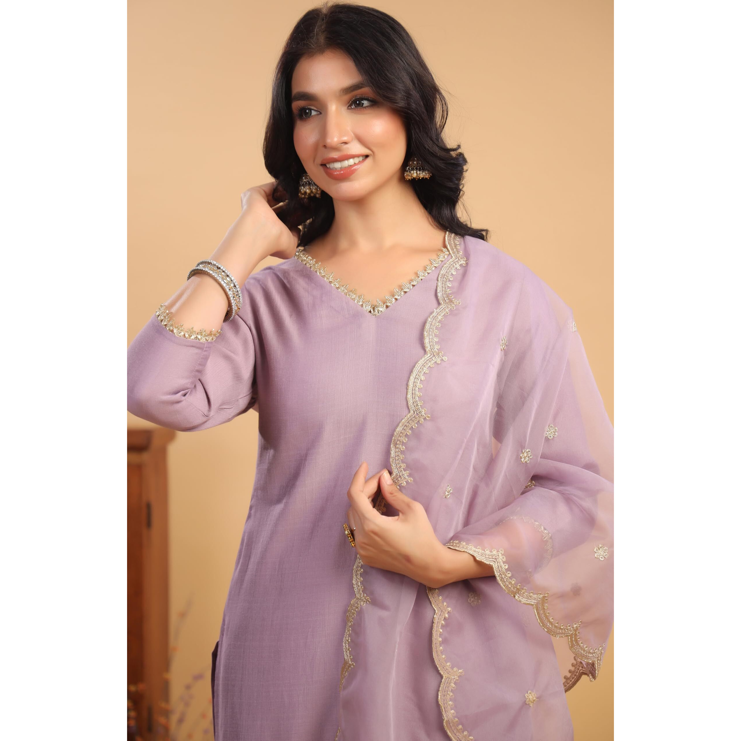 Janasya Women's Lavender Chanderi Silk Emabellished Straight Kurta Set (JAC24ST01175-S)