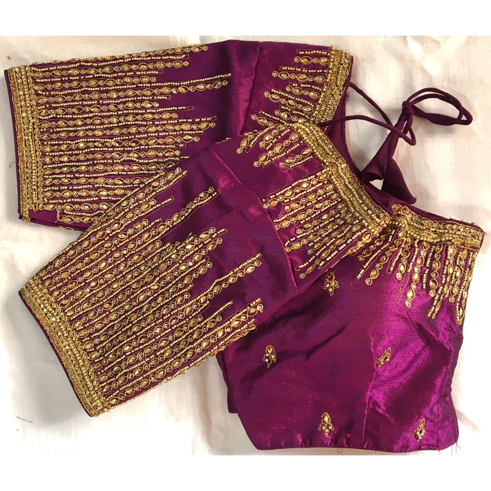 Pujia Mills Women's Silk Embroidery Maggam Khatli Work with Stone Work Readymade Blouse