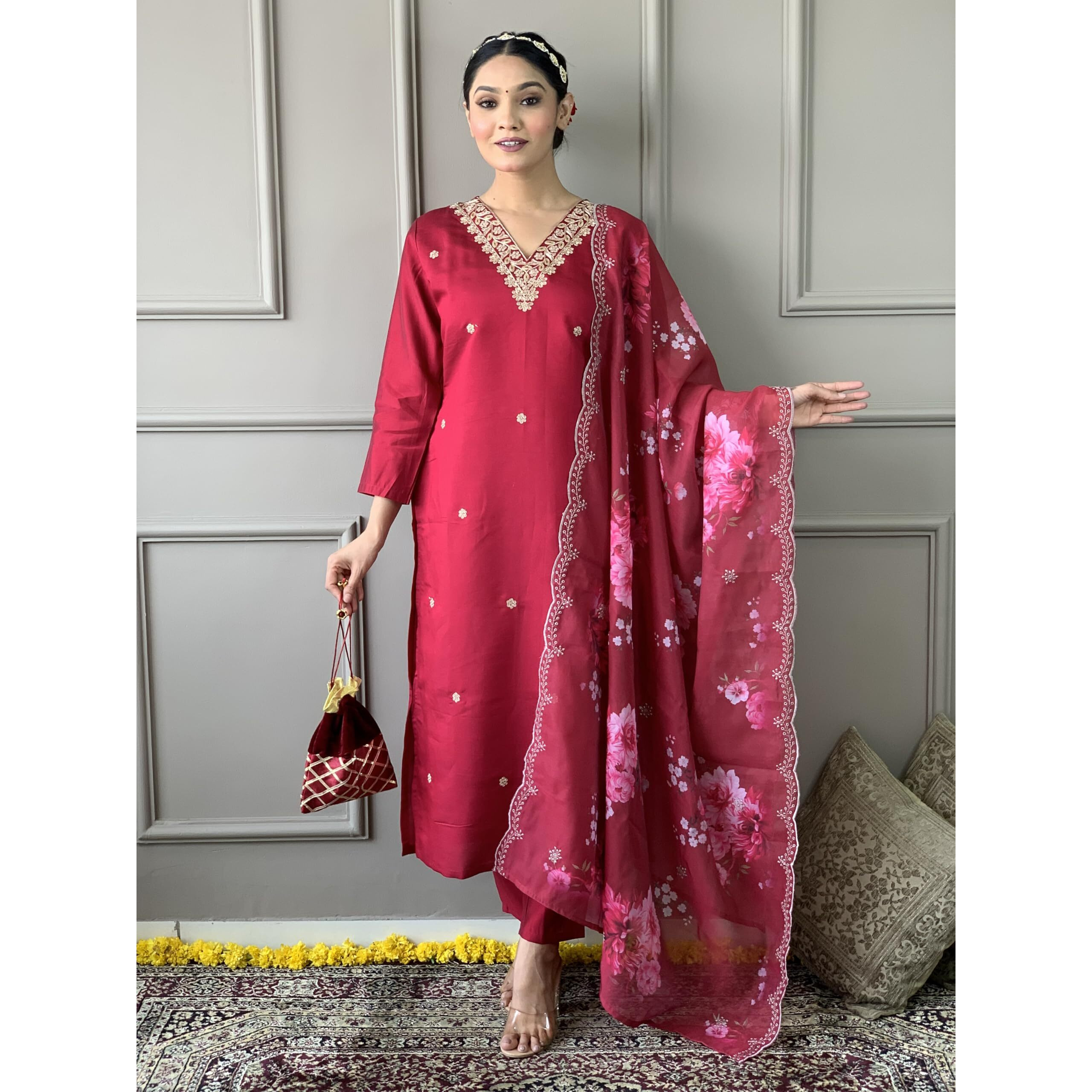 Naixa Women's Red Viscose Silk Embroidered Straight Kurta with Viscose Silk Pant and Organza Printed Dupatta Sets (NX-S-Leela-Red-M)