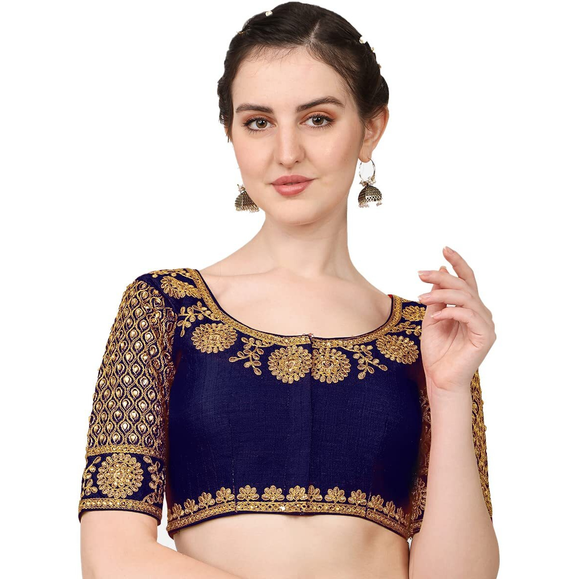 Pujia Mills Women's Phantom Silk Morpankh Half Sleeve Saree Blouse (morpankh_Navy Blue_38 Size+Margin)