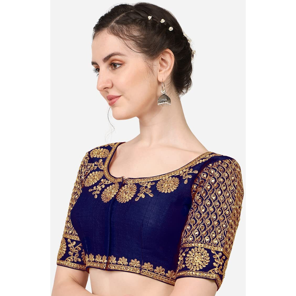 Pujia Mills Women's Phantom Silk Morpankh Half Sleeve Saree Blouse (morpankh_Navy Blue_38 Size+Margin)