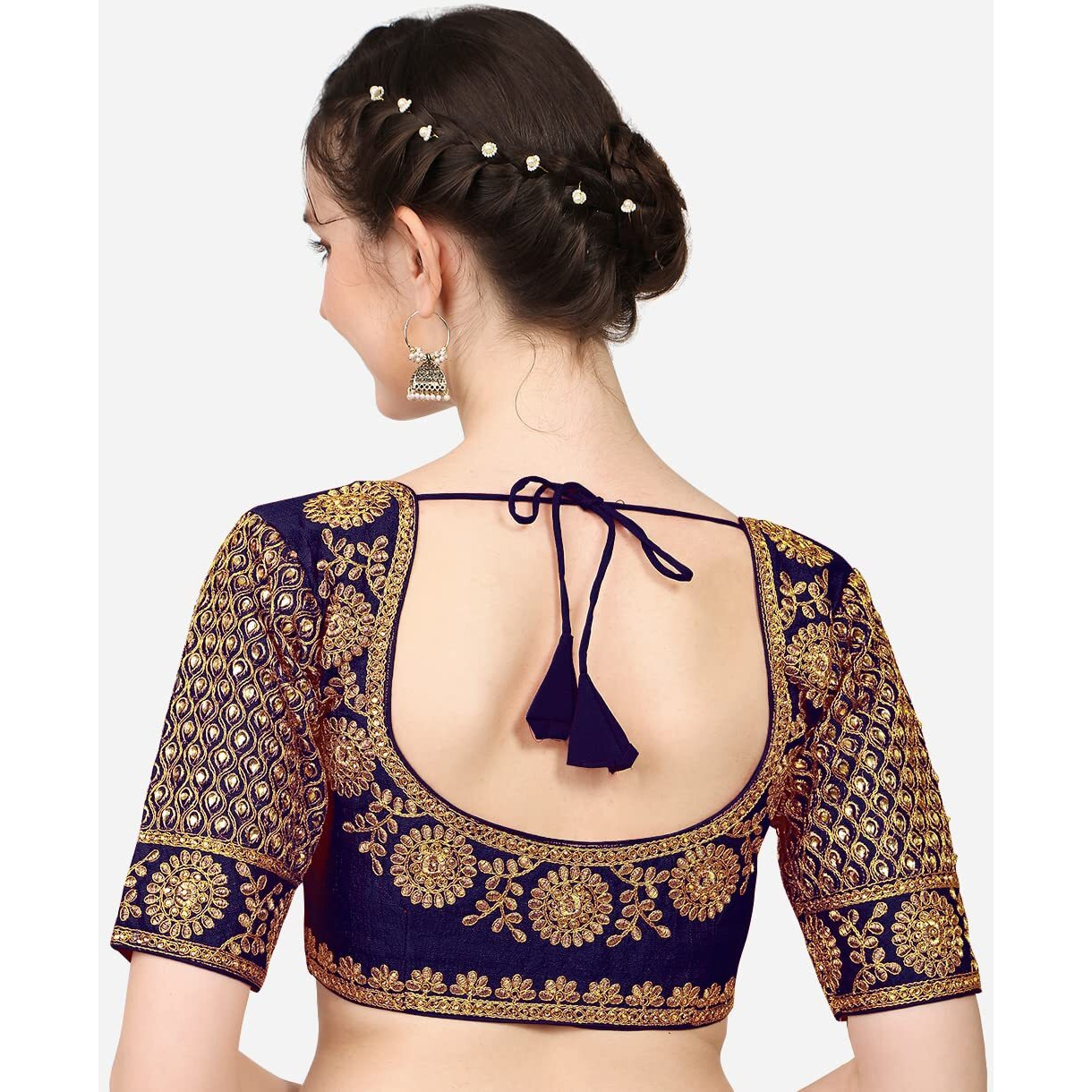 Pujia Mills Women's Phantom Silk Morpankh Half Sleeve Saree Blouse (morpankh_Navy Blue_38 Size+Margin)