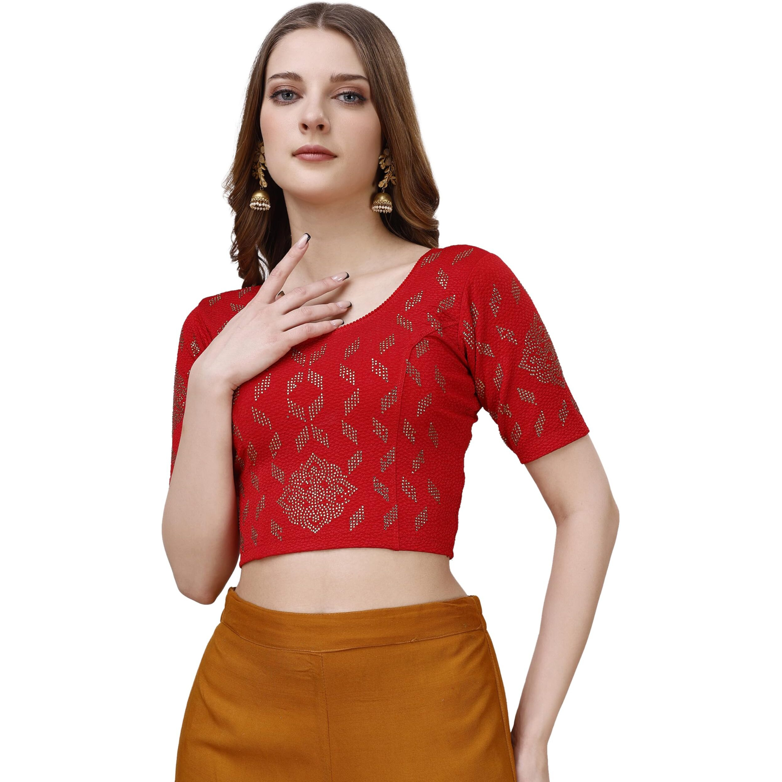 Vihu Fashion Women's Readymade Hosiery Lycra Stretchable Round Neck Half Sleeve Blouse with swaroski Work Fancy Lycra Stretchable Red Blouse for Women Readymade Saree Blouse