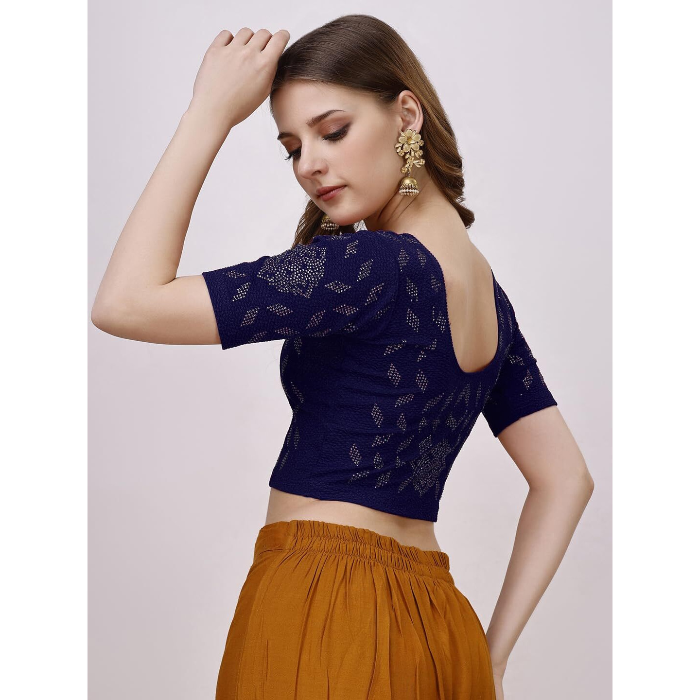 Vihu Fashion Women's Readymade Hosiery Lycra Stretchable Round Neck Half Sleeve Blouse with swaroski Work Fancy Lycra Stretchable Navy Blue Blouse for Women Readymade Saree Blouse