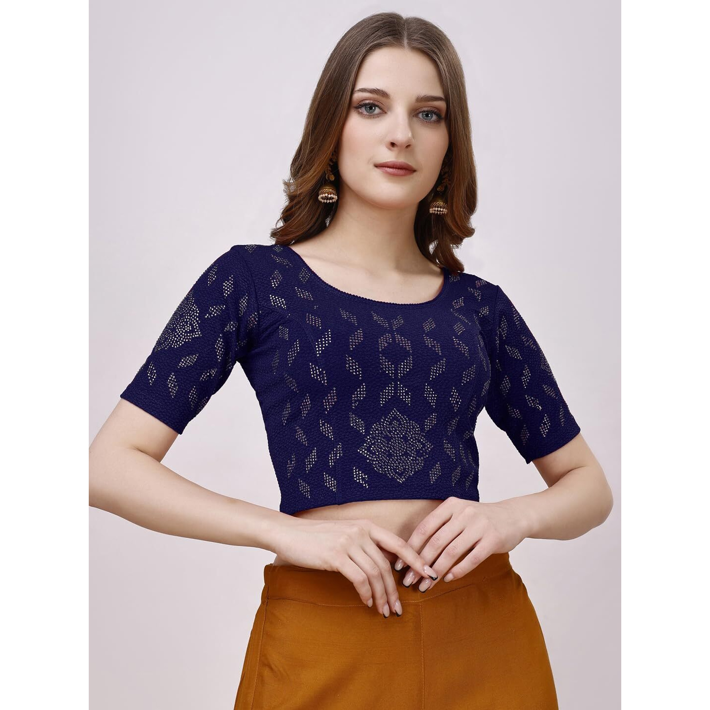 Vihu Fashion Women's Readymade Hosiery Lycra Stretchable Round Neck Half Sleeve Blouse with swaroski Work Fancy Lycra Stretchable Navy Blue Blouse for Women Readymade Saree Blouse