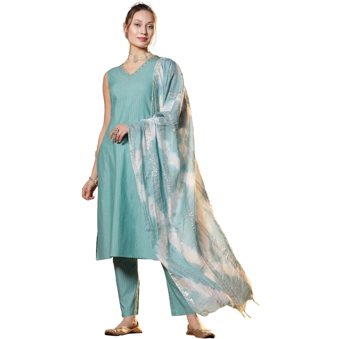 Stylum Women's Woven Designed Cotton Blend Straight Kurta Pant with Dupatta (IN, Alpha, L, Regular, Light Green)
