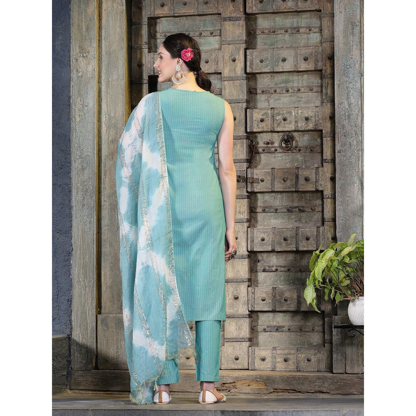 Stylum Women's Woven Designed Cotton Blend Straight Kurta Pant with Dupatta (IN, Alpha, L, Regular, Light Green)