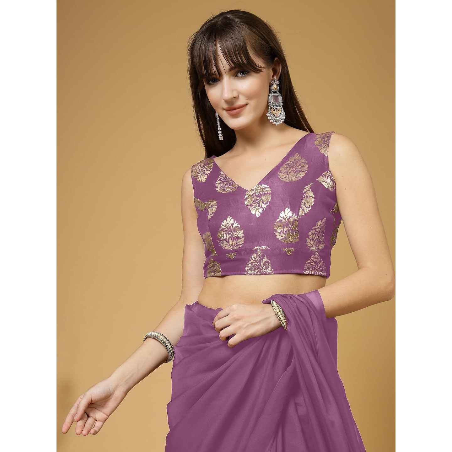 OOMPH Women's Indian Ethnic Wear Designer Big Paisley Pattern Zari Work V Neck Sleeveless Fuscia Pink Color Brocade Readymade Blouse for Saree or Lehnga and Fusion Twist. XXL