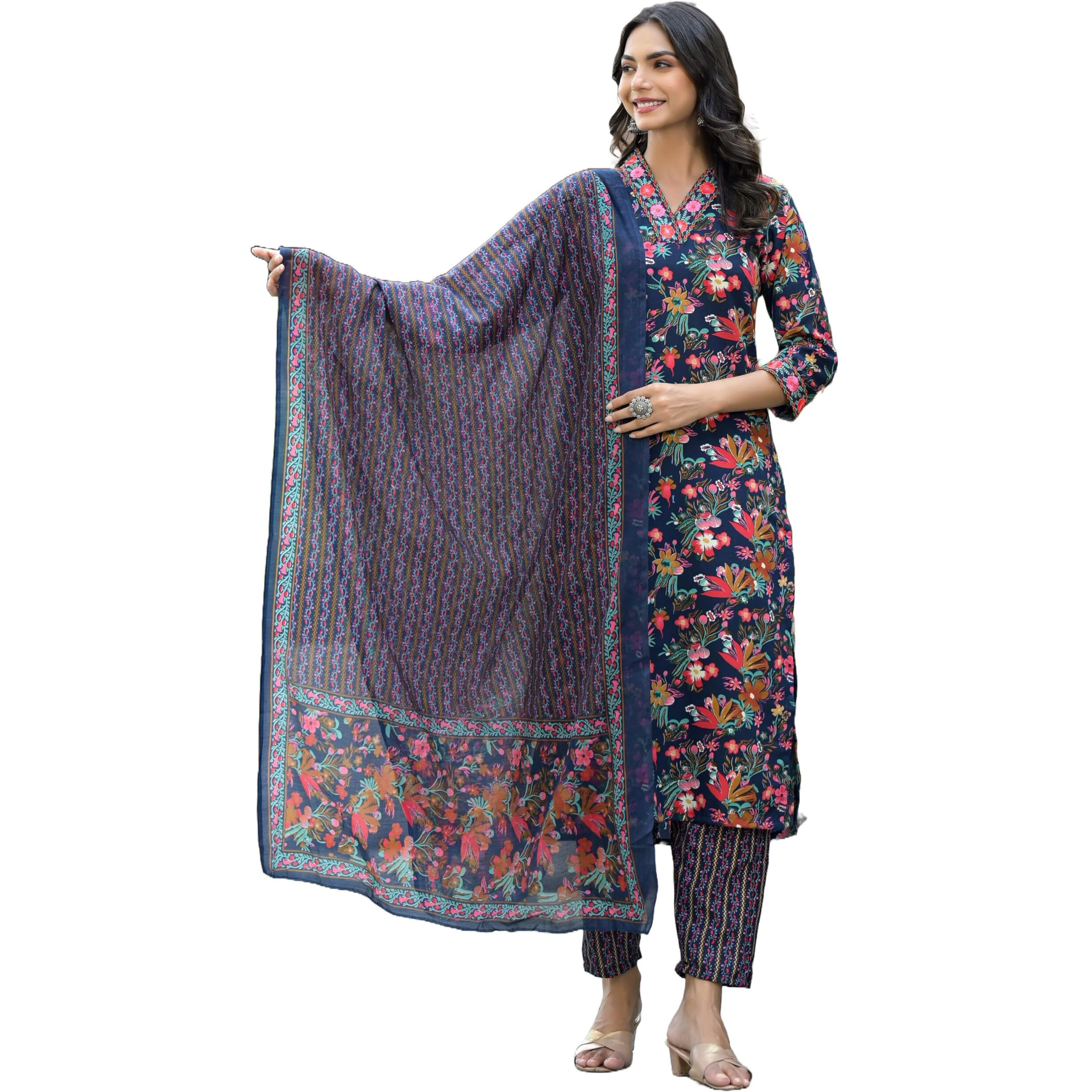 KLOSIA Women Printed Kurta Pant Set with Duppata (X-Large) Blue