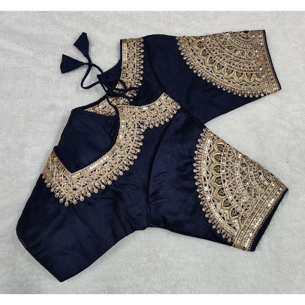 Vihu Fashion Women's Readymade Blouse Embroidery Multi Coding Dull Golden Sequence Work Indian Ethnic Designer Stitched Readymade Saree Half Sleeve Navy Blouse for Women for Saree Lehenga Choli