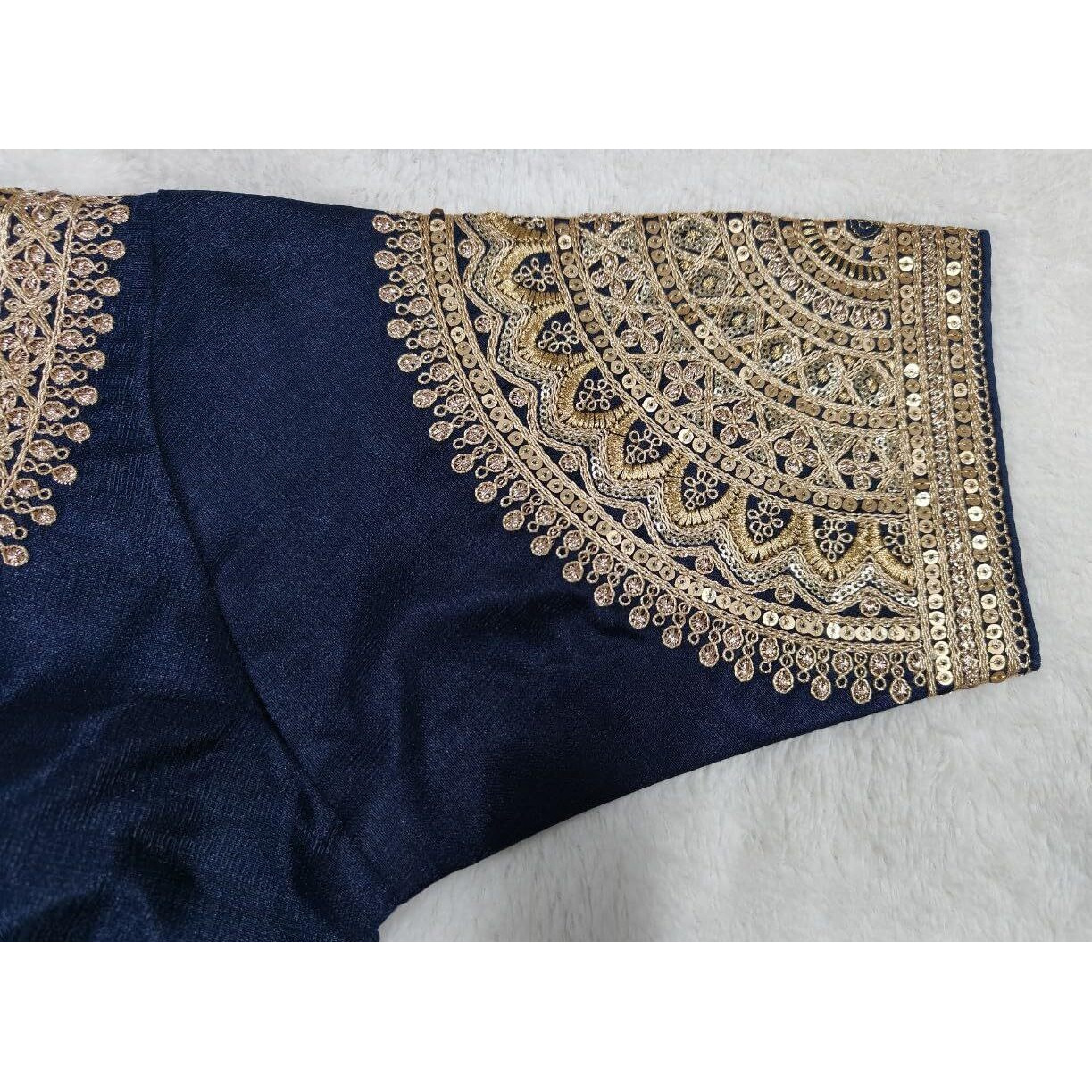 Vihu Fashion Women's Readymade Blouse Embroidery Multi Coding Dull Golden Sequence Work Indian Ethnic Designer Stitched Readymade Saree Half Sleeve Navy Blouse for Women for Saree Lehenga Choli