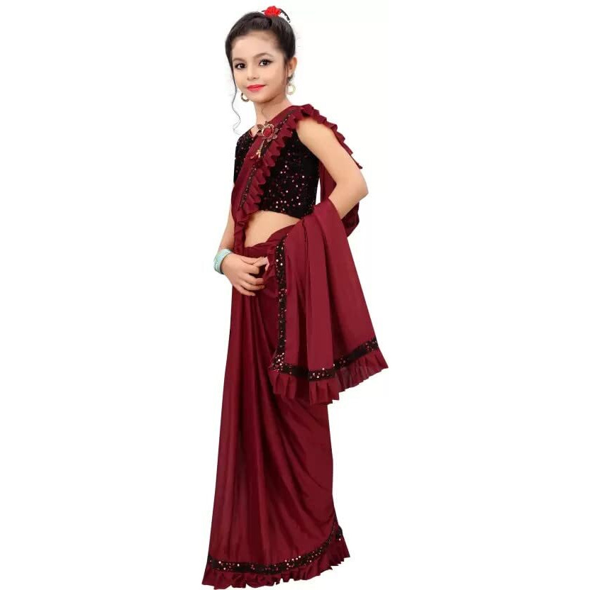 Dhyey fashion Girls Lycra Blend Ruffle Pattern Saree With Velvet Unstitched Blouse Piece