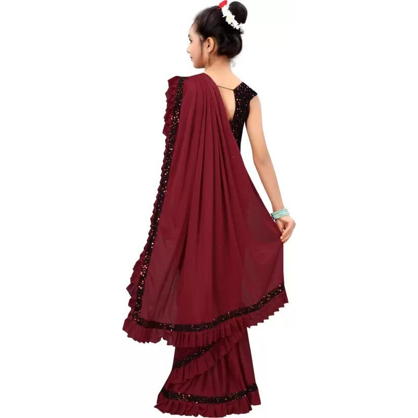 Dhyey fashion Girls Lycra Blend Ruffle Pattern Saree With Velvet Unstitched Blouse Piece