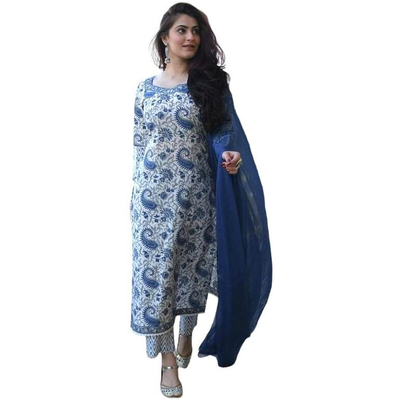 Pinkmint Women Straight Rayon Printed Kurta and Pant Set with Dupatta ll ll Event Wear Light Blue