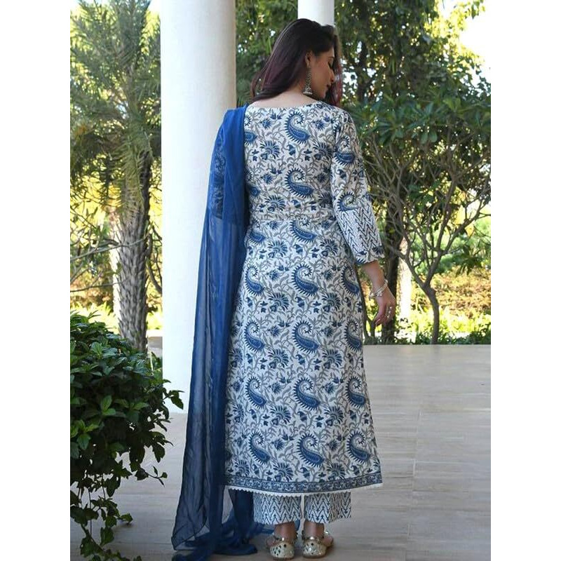 Pinkmint Women Straight Rayon Printed Kurta and Pant Set with Dupatta ll ll Event Wear Light Blue