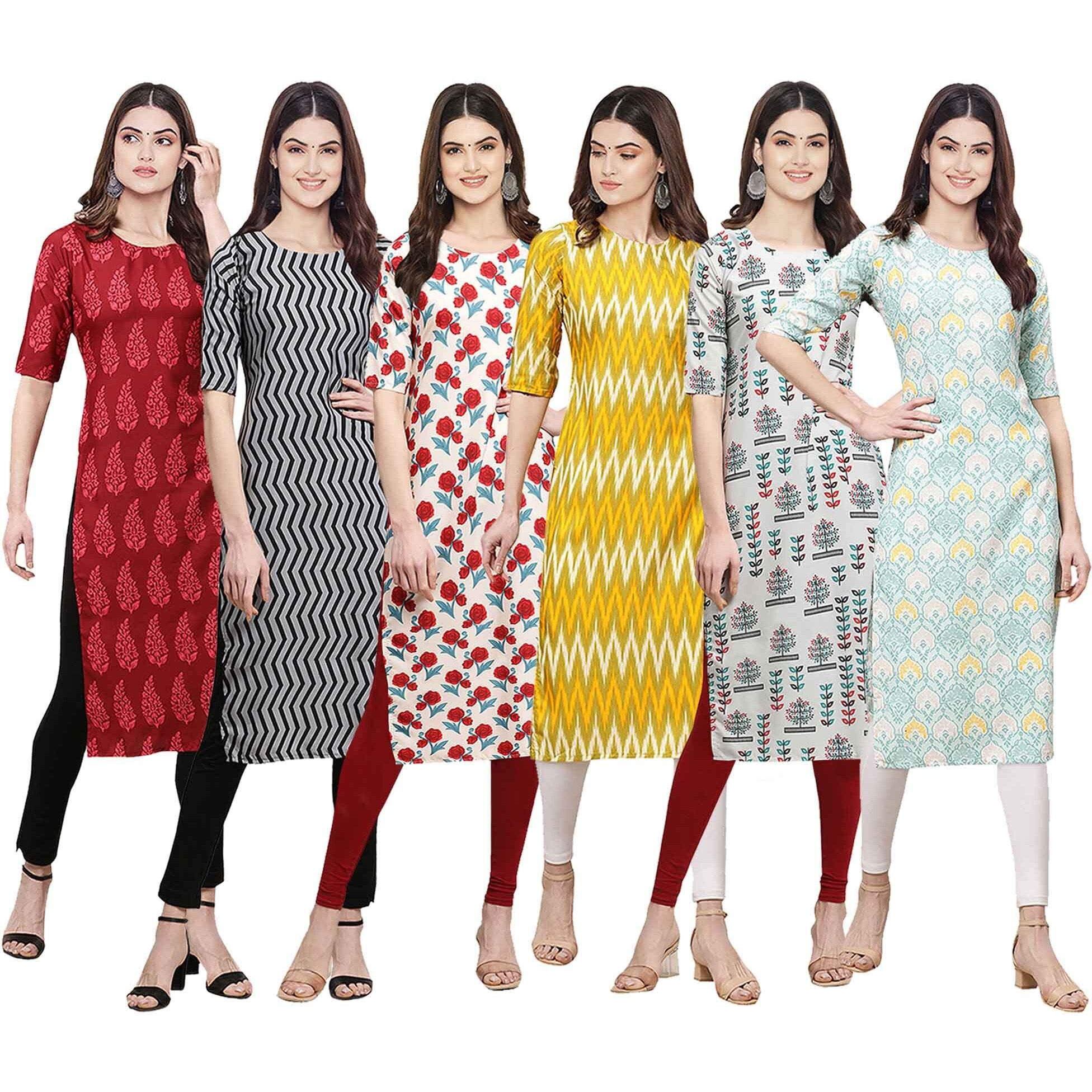 Pinkmint Women's Crepe Digital Print Straight Kurta [Pack of 6] (CKE-337-336-342-329-340-343-XL)