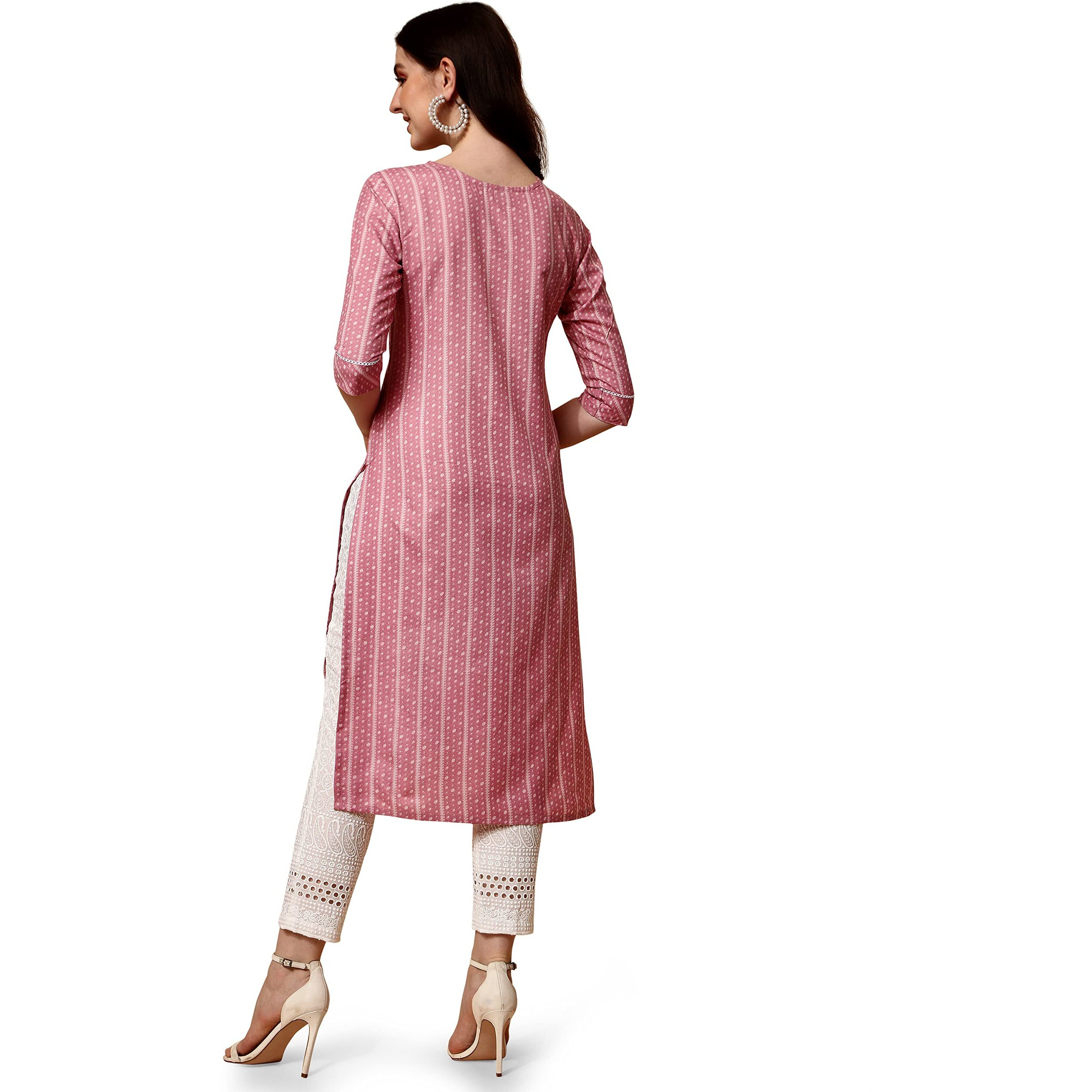 NAINVISH Women's Cotton Blend Straight Round Neck Printed Kurta (SD420_K-M_Pink)