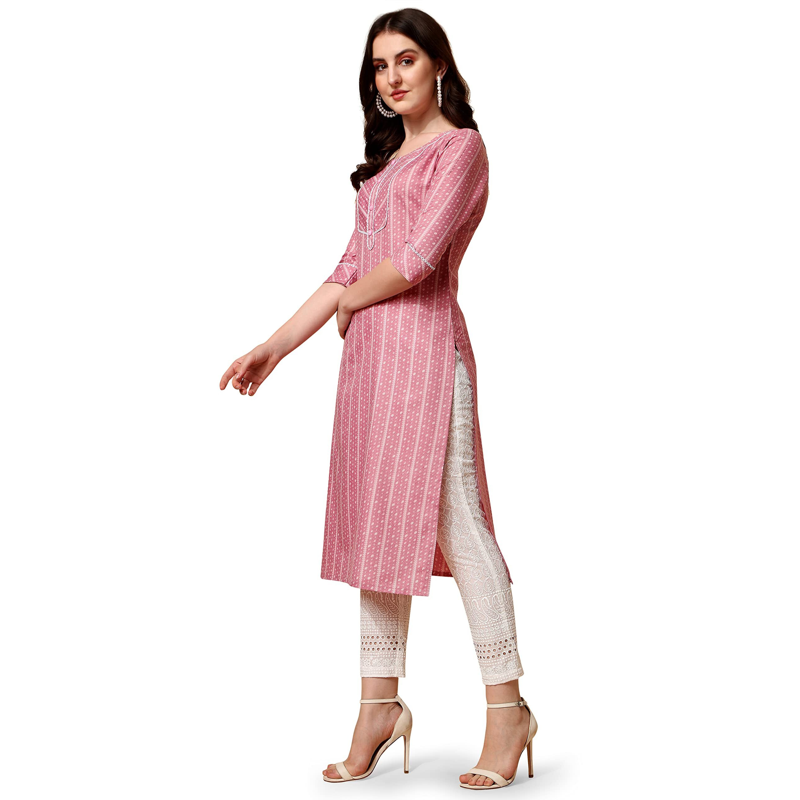 NAINVISH Women's Cotton Blend Straight Round Neck Printed Kurta (SD420_K-M_Pink)