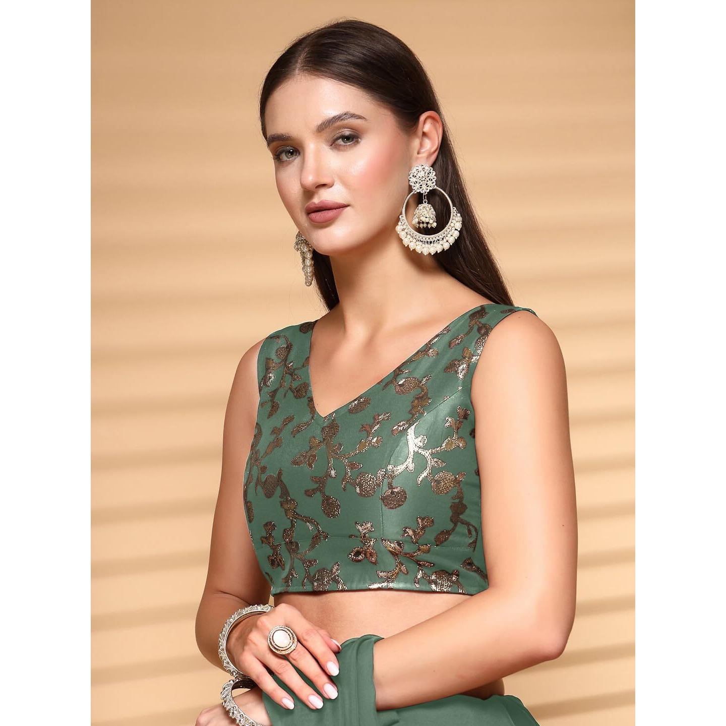 OOMPH Readymade Blouse for Women, Brocade, Sleeveless, V-Neck, rbbl698
