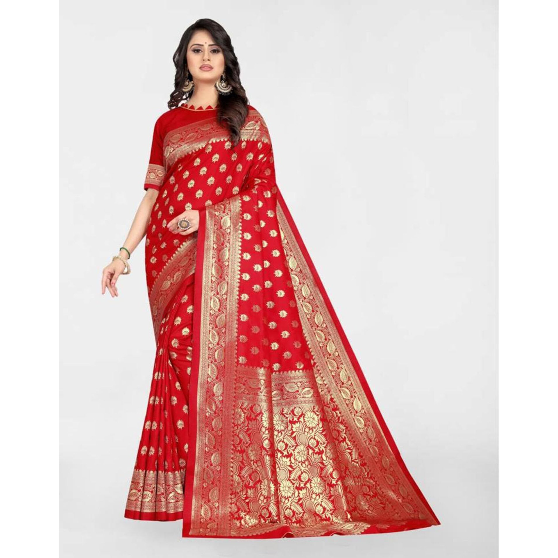 SAMAH Women's Jacquard Art Silk Saree (3591S316NA_Red)