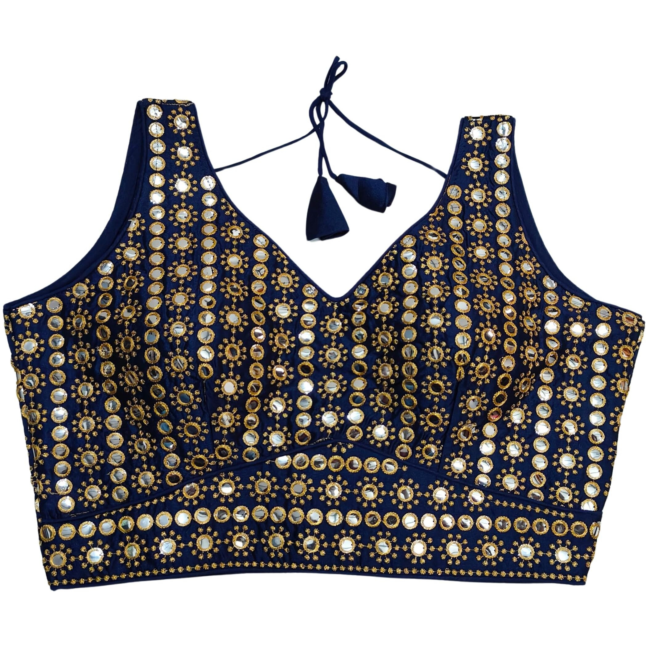 Pujia Mills Women's Readymade Blouse Sleeveless Blouse Embroidery jari Work Mirror Blouse Handwork Readymade Saree Blouse for Women for Saree and Lehenga Choli (B101 Navy Blue 34)